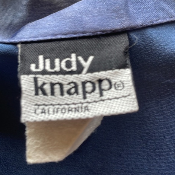 Vintage Judy Knapp Slate Blue Satin Pants Set Sheer Self Tie Halter Top Rayon LG - Picture 11 of 14